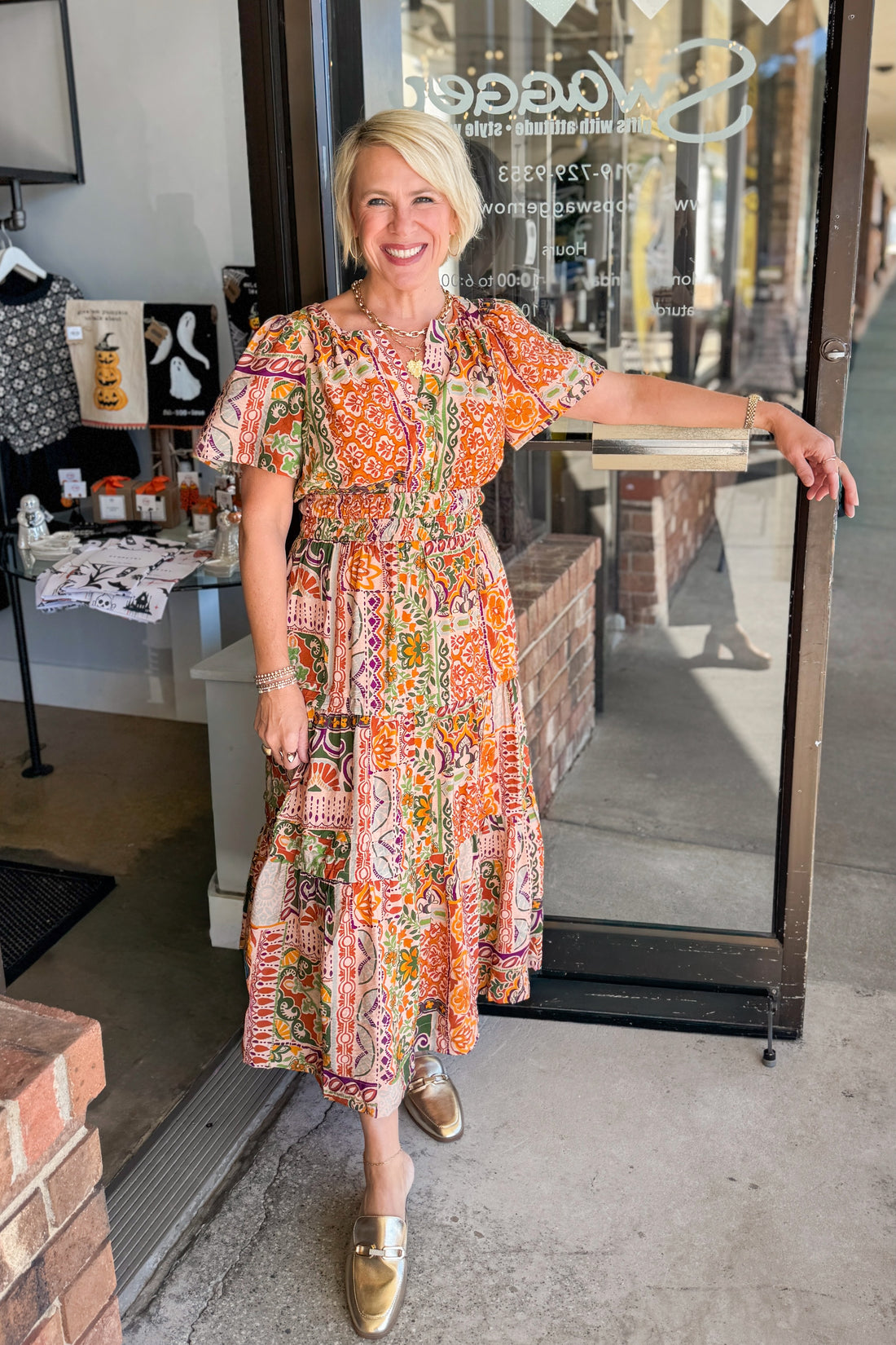 Catch My Drift Taupe, Rust &amp; Multi Tiered Midi Dress by Fate