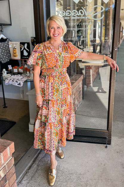 Catch My Drift Taupe, Rust &amp; Multi Tiered Midi Dress by Fate