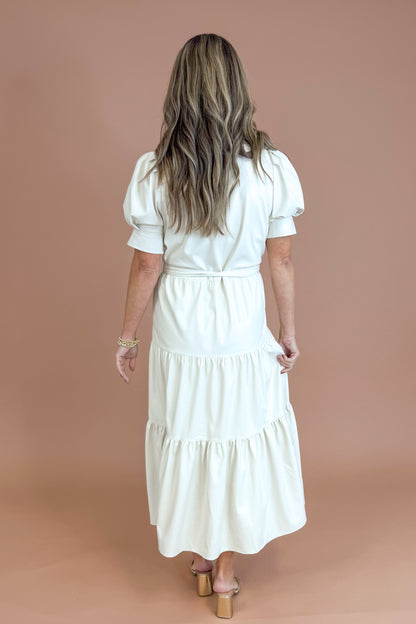 Through The Looking Glass White Faux Leather Tiered Midi Dress by Elan