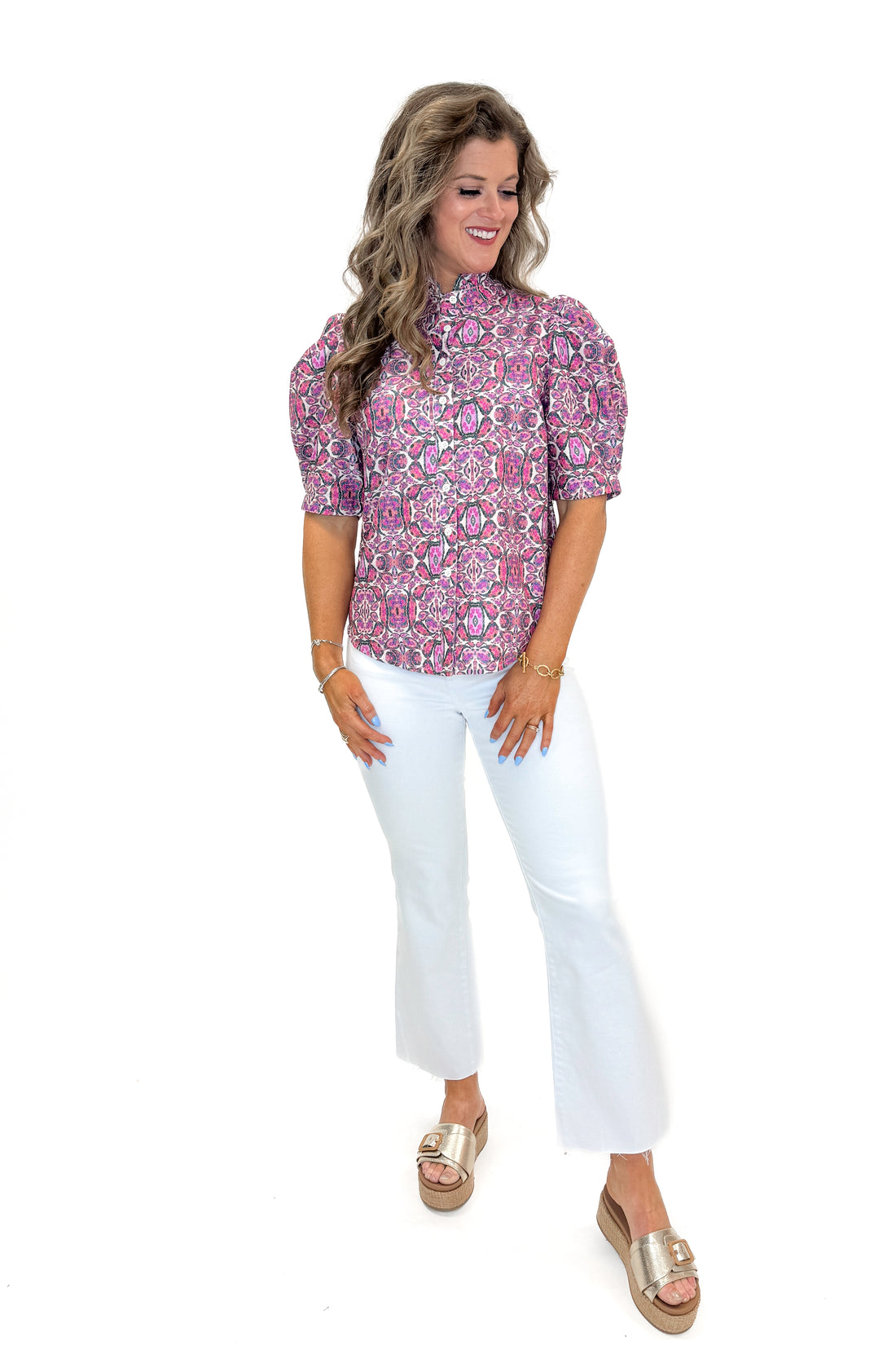 Front view of woman wearing Pink &amp; Multi Abstract Printed Button Down Top by Fate with jeans against  white studio background.