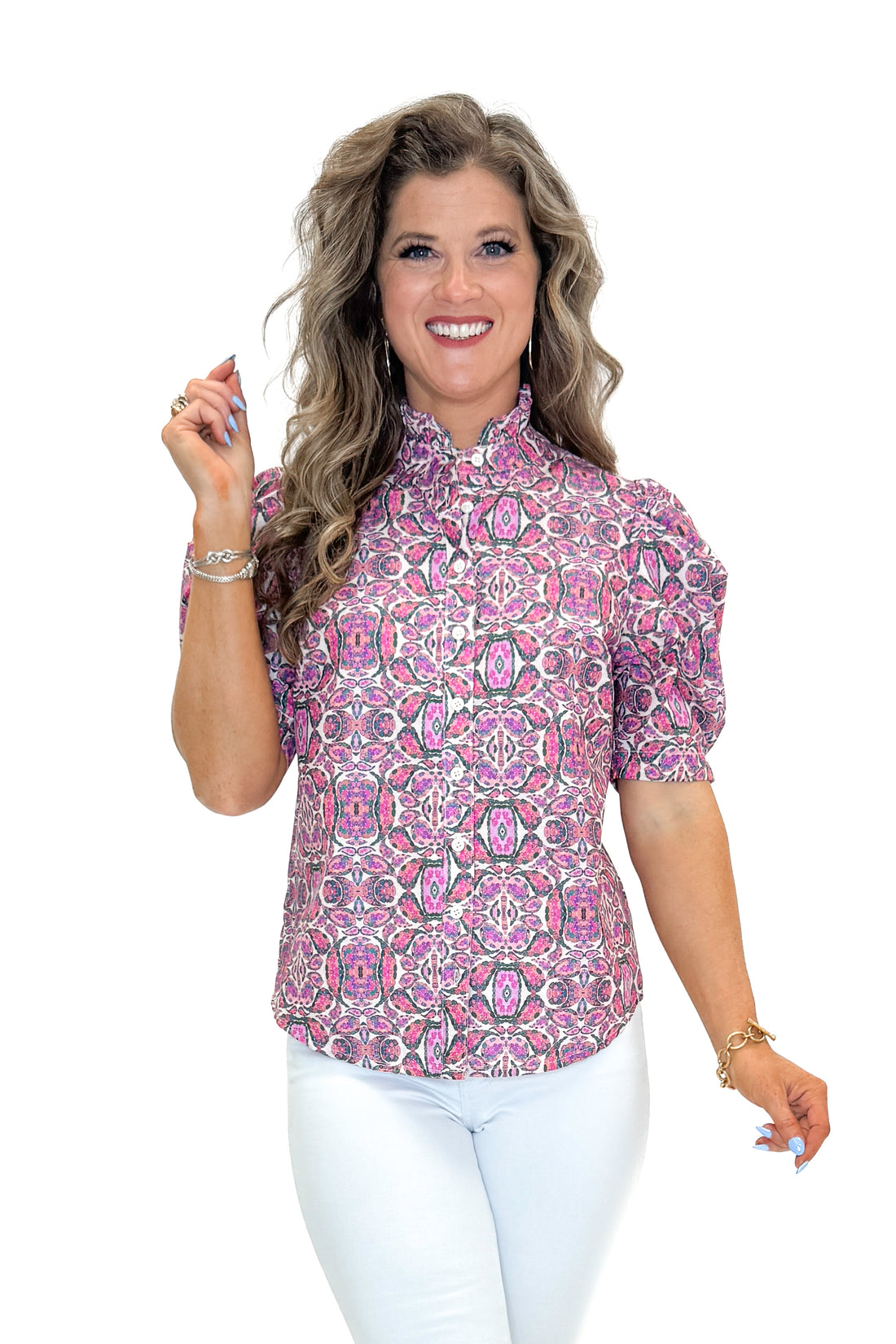 Front view of woman wearing Pink &amp; Multi Abstract Printed Button Down Top by Fate with jeans against  white studio background.