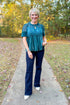 Front view of woman wearing Teal Velvet With Lace Applique Top with jeans outside.