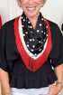 Fringe Detail Black With Polka Dots Square Scarf on woman wearing black top.