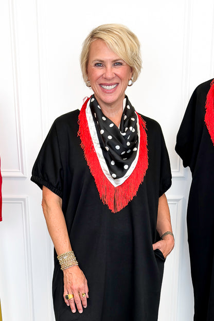 Fringe Detail Black With Polka Dots Square Scarf on woman wearing black dress.