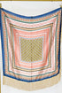 A square scarf with a complex geometric and floral border pattern, featuring a central olive-green patterned square, coral and pink borders, and a blue outer border with gold fringe.