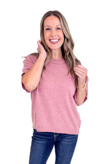 Comfort Zone Mauve Ribbed Hem Detail Short Sleeve Sweater