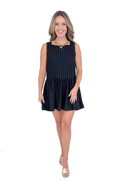 Woman wearing Black Square Neck Polka Dot Detail Dress against a white studio background.
