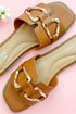 Top view of Gelato- Tan Buckle Detail Sandals against pink studio background.