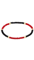 A beaded stretch bracelet featuring alternating sections of faceted red and black beads, separated by small polished gold spacer beads, shown on a plain white background.