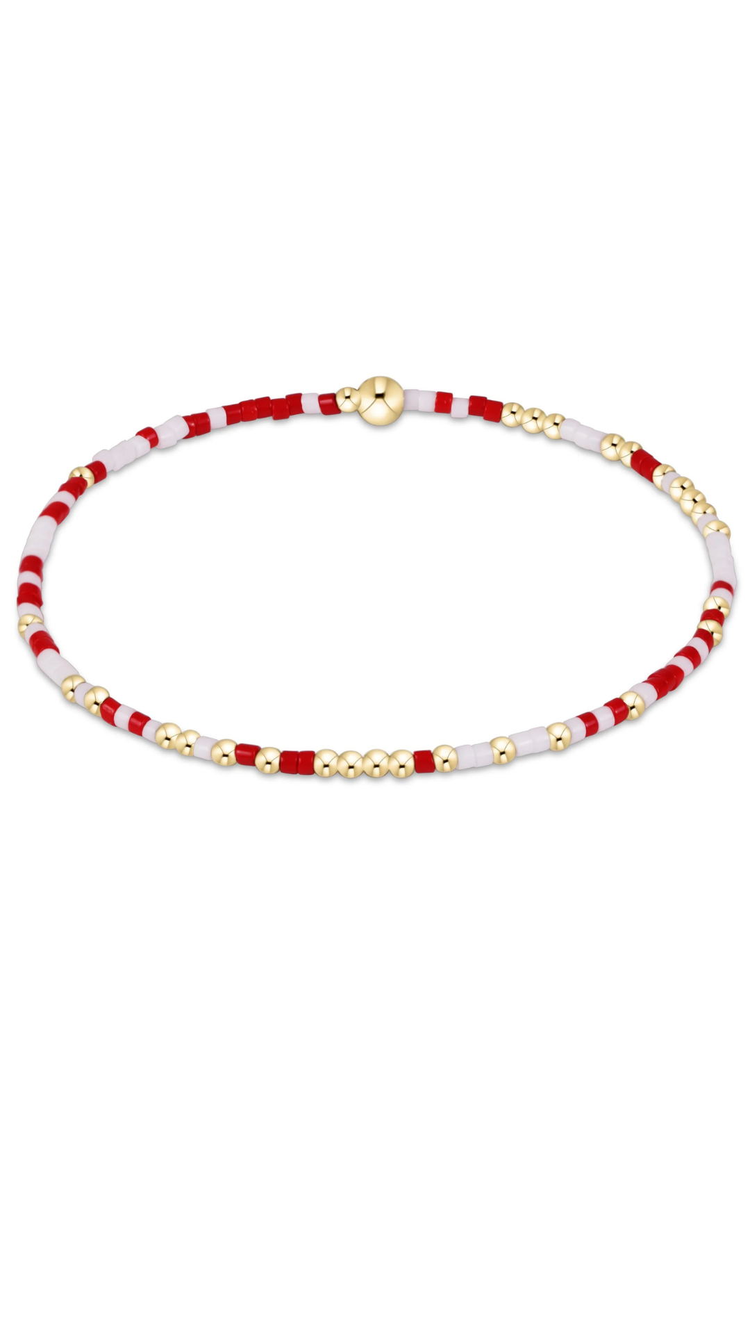 A delicate beaded bracelet with alternating red and white cord sections, accented by small gold metallic beads and a gold clasp, shown on a plain white background.