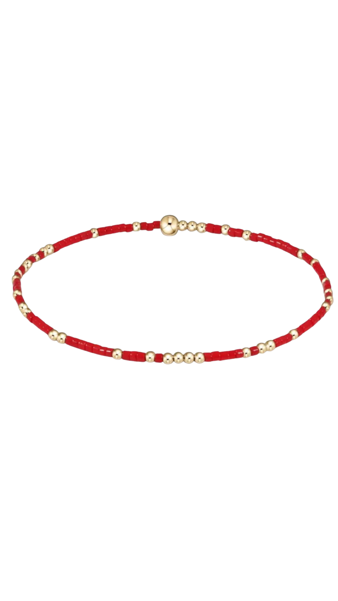 A gold and red beaded stretch bracelet with polished spherical beads, displayed on a clean white background.