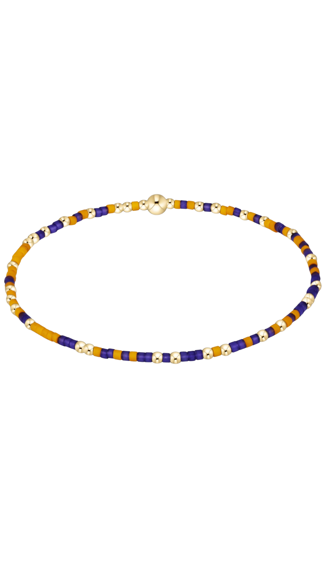 Closeup shot of enewton purple and yellow beaded bracelet