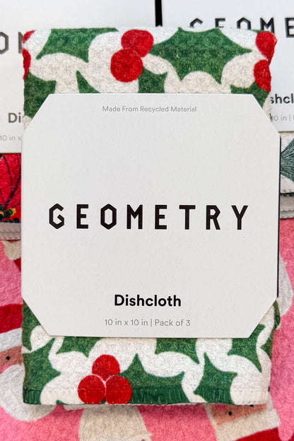 Geometry Festive Holly Dishcloth Set against holiday background.