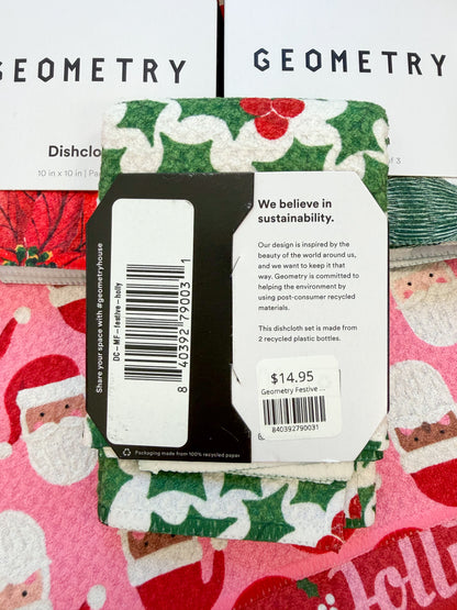 Geometry Festive Holly Dishcloth Set against holiday background.