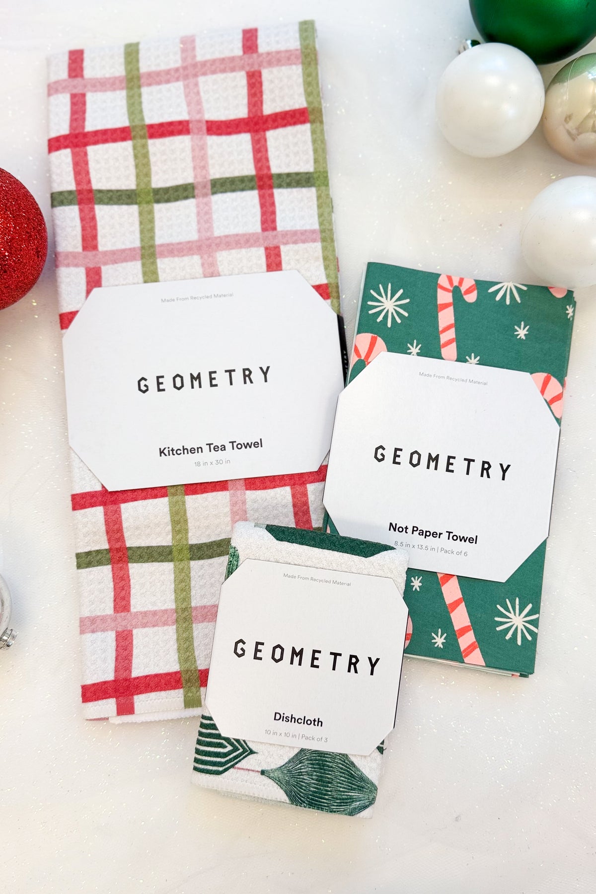 Geometry Festive Plaid Microfiber Tea Towel, Not Paper Towel &amp; Dishcloth against holiday background.