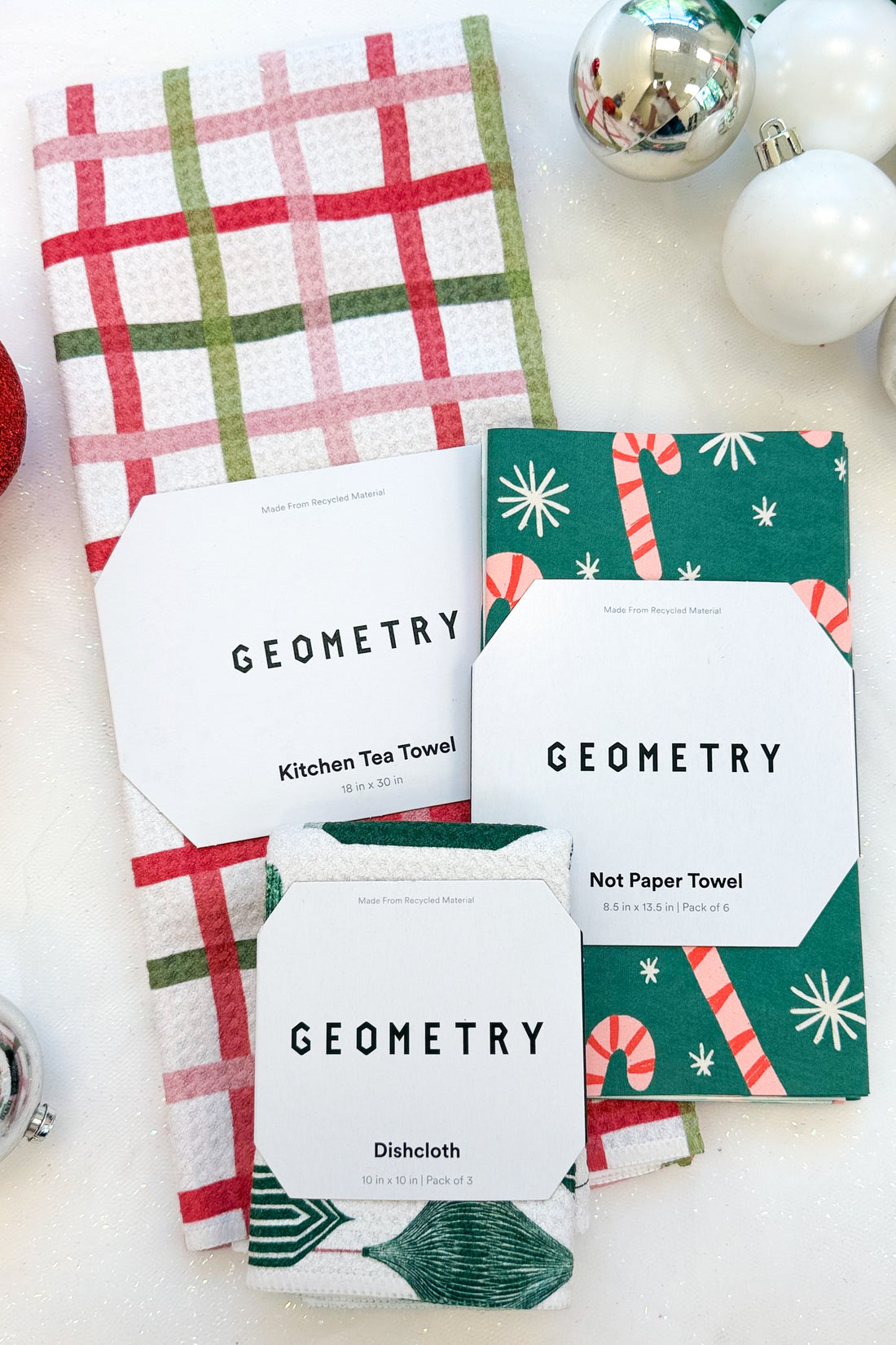 Geometry Festive Plaid Microfiber Tea Towel, Not Paper Towel &amp; Dishcloth against holiday background.
