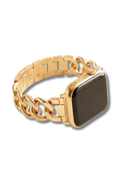 A gold-toned smartwatch band with a chunky chain-link design and a square-shaped watch face, shown on a plain white background.