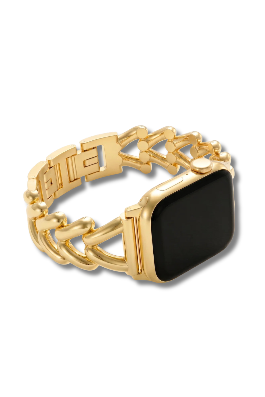 A gold-toned smartwatch band with a thick, chunky chain-link design and a rectangular black face, shown on a plain white background.