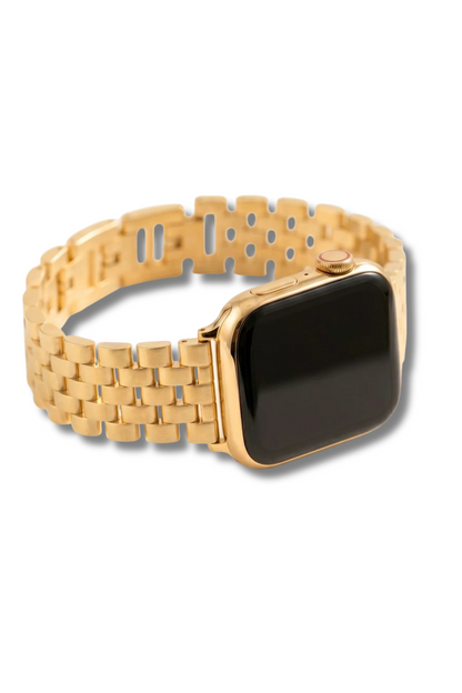 A gold-plated smartwatch with a matching gold link band and a black display screen, shown on a clean white background.