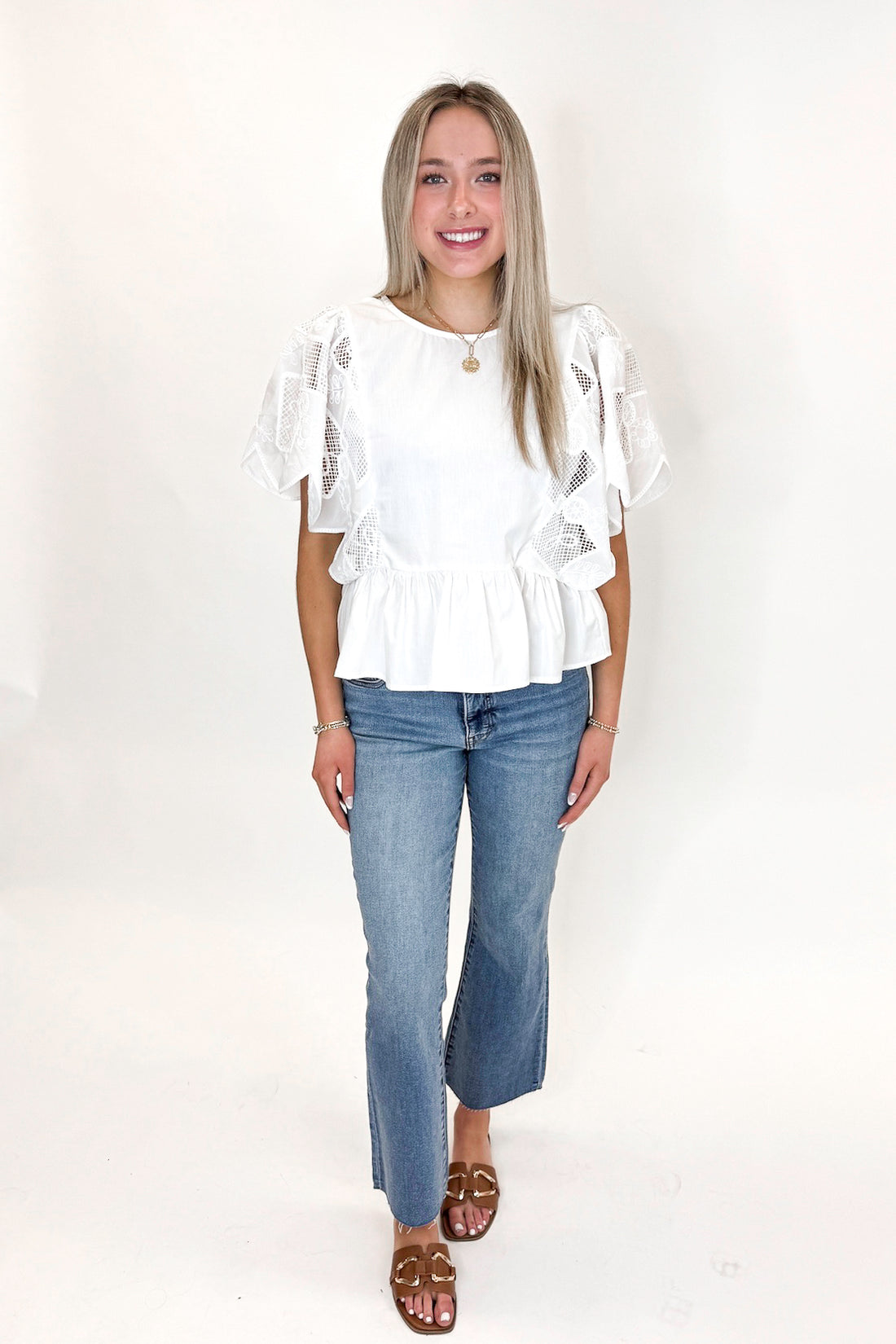 Hop To It White Embroidered Detail Peplum Top