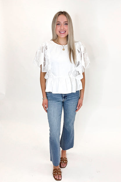 Hop To It White Embroidered Detail Peplum Top