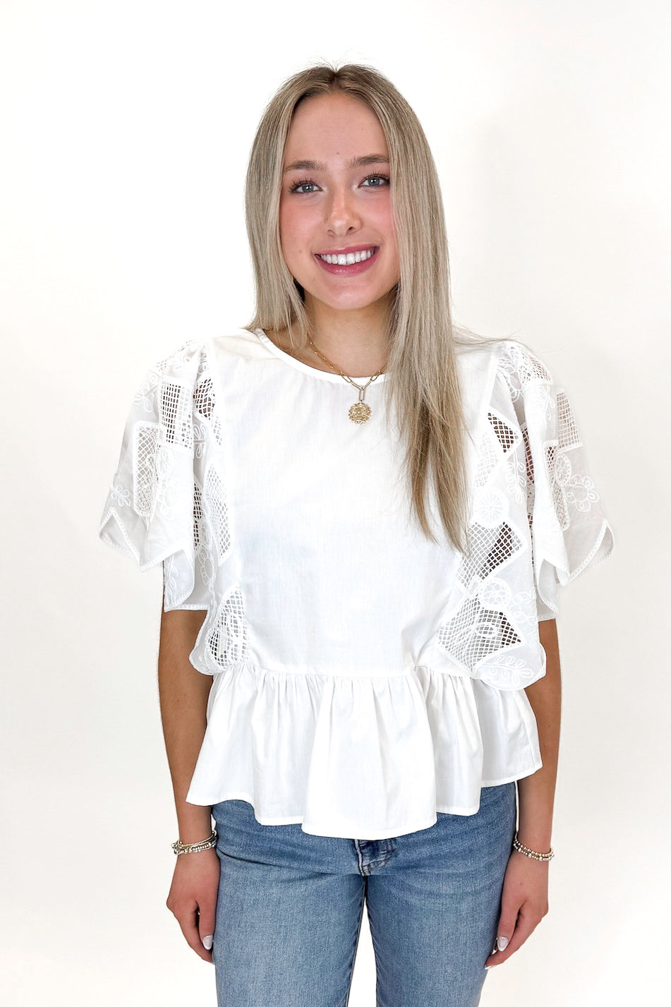 Hop To It White Embroidered Detail Peplum Top
