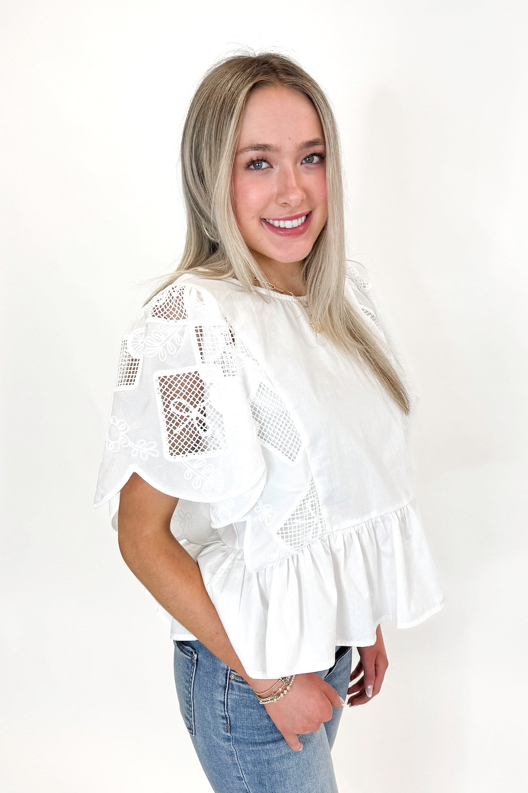 Hop To It White Embroidered Detail Peplum Top