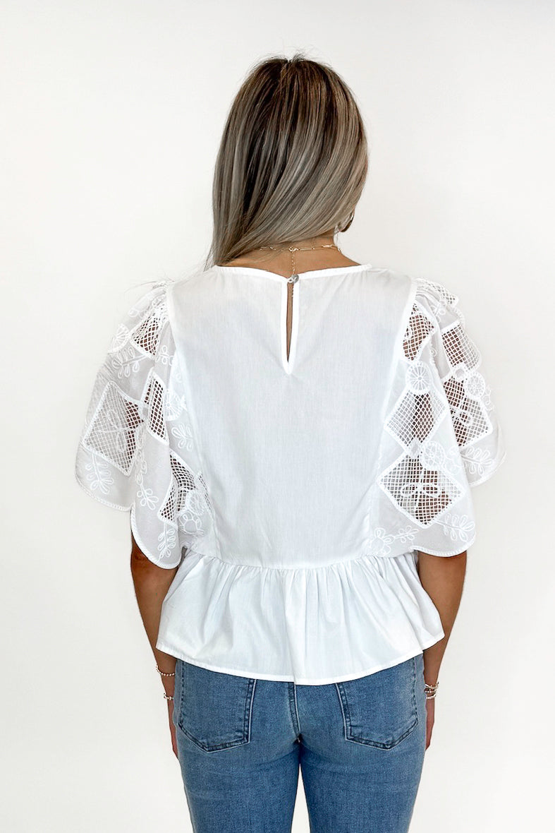 Hop To It White Embroidered Detail Peplum Top