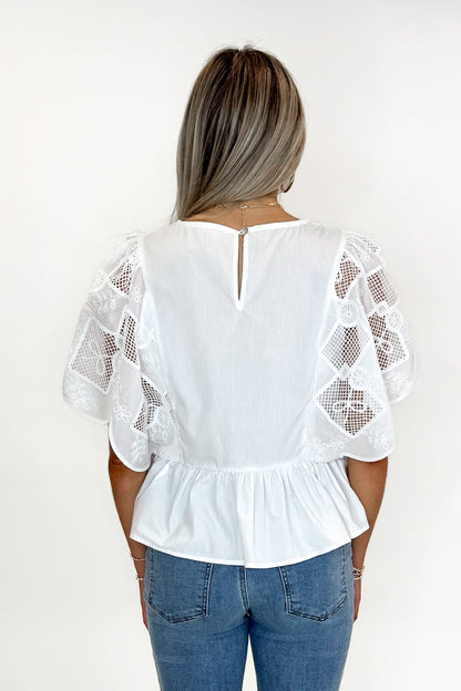 Hop To It White Embroidered Detail Peplum Top