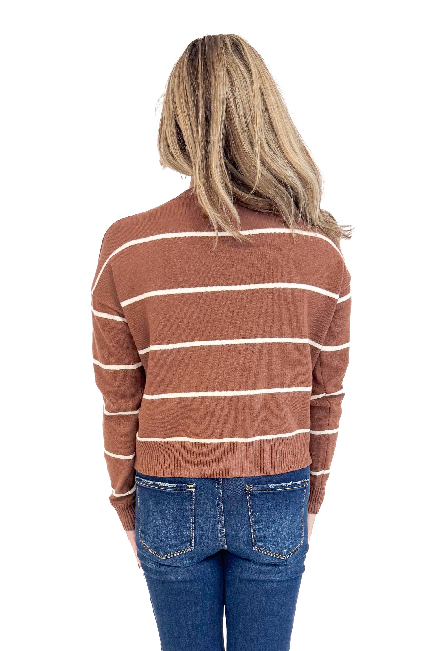 Woman wearing Dreamy Days Brown &amp; Cream Striped Sweater - back rear view showing classic crew neckline and horizontal stripe pattern