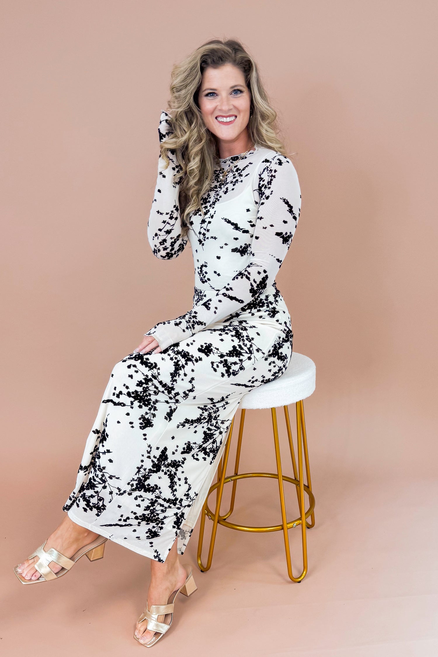 The Afterparty Cream With Black Textured Floral Print Sheer Top