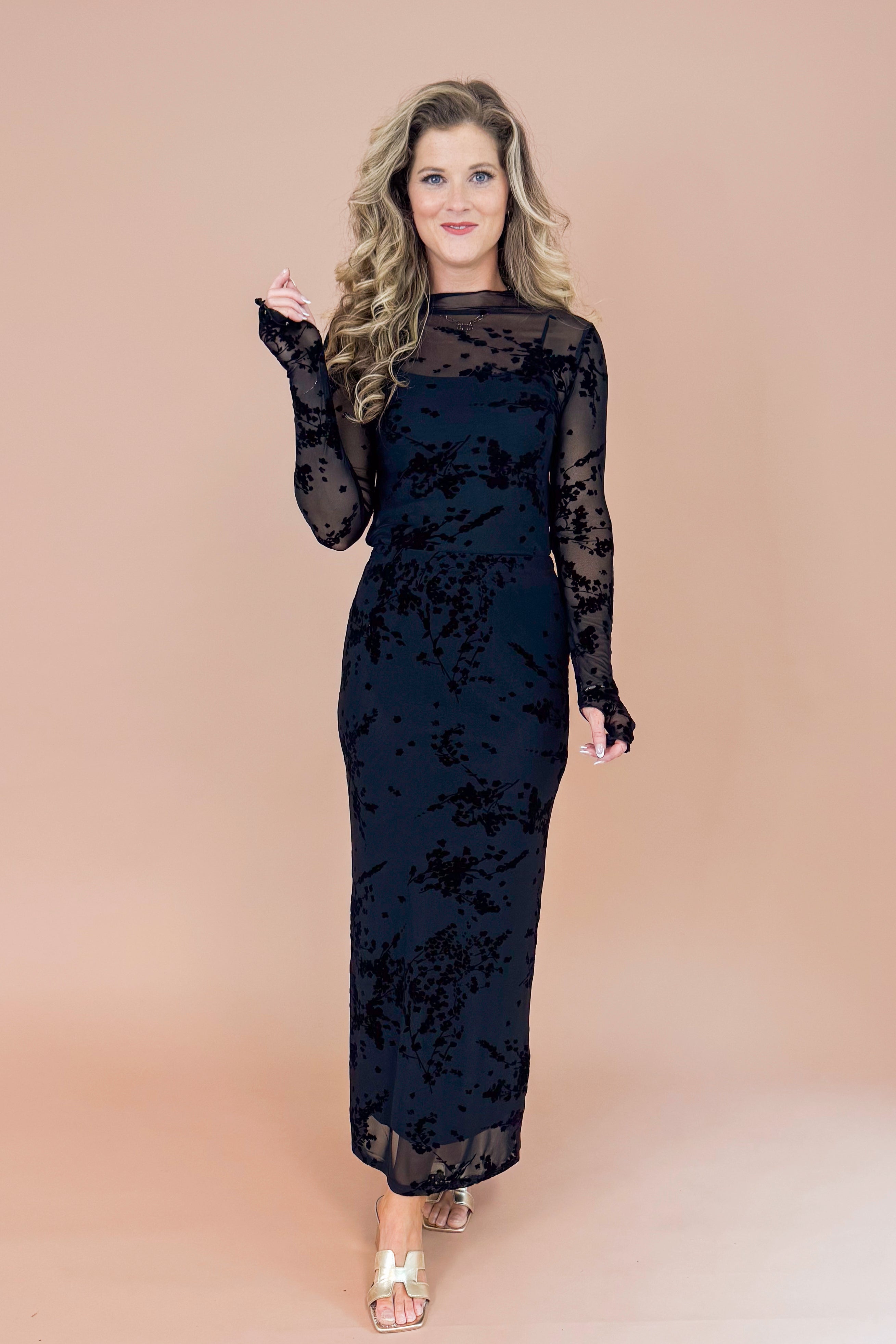 The Afterparty Black Textured Floral Print Sheer Top