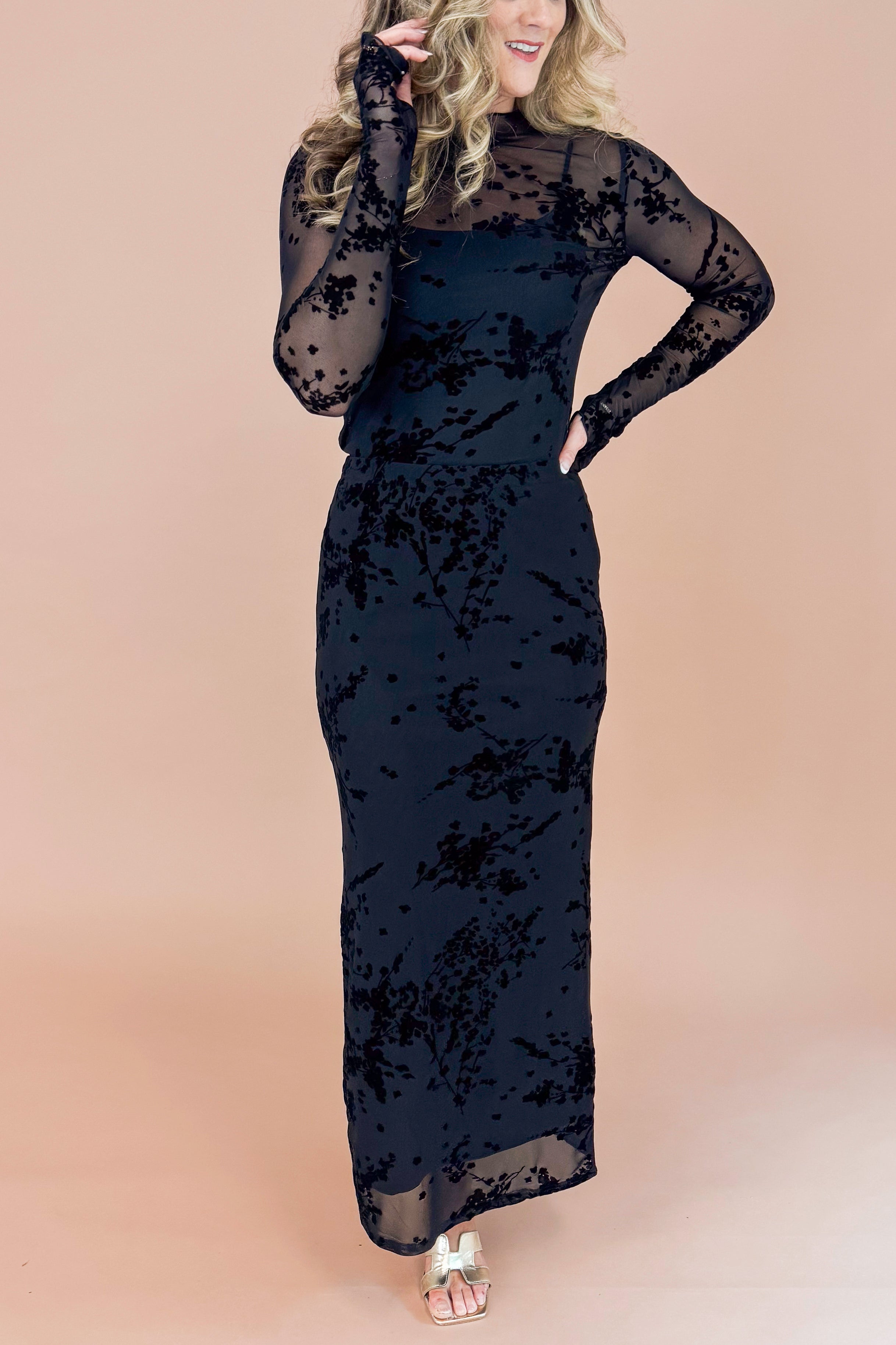 The Afterparty Black Textured Floral Print Sheer Top