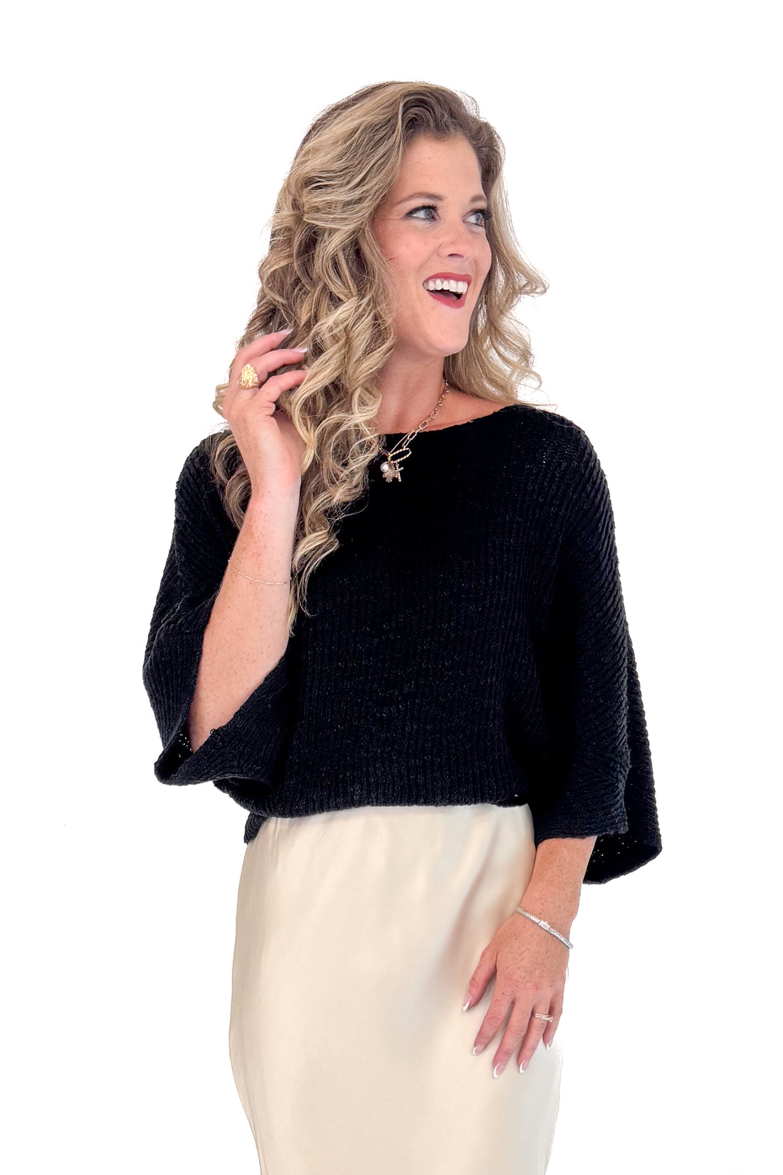Text The Group Chat Black 3/4 Sleeve Slouchy Sweater