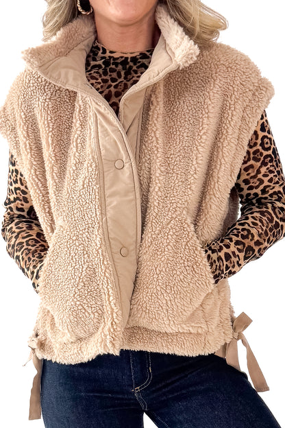 Front detail view of woman wearing Taupe Sherpa Button Up Vest with jeans against white studio background.