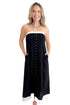 Front view of woman wearing Black With White Lining Button Down Strapless Dress against white studio background.