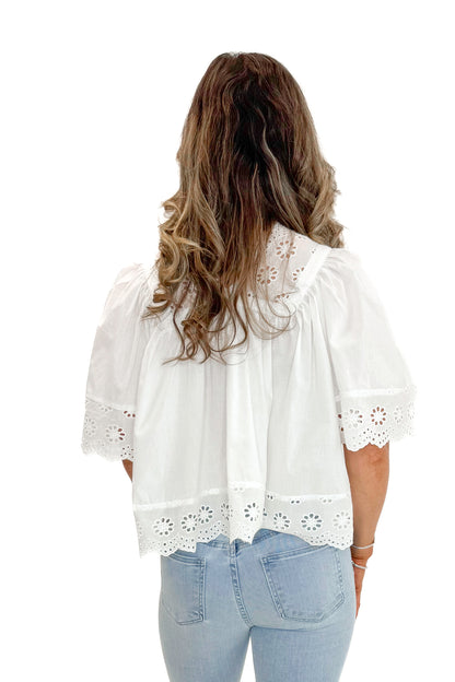 Back view of woman wearing White Eyelet Babydoll Top with jeans against white studio background.
