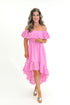 Front view of woman wearing Pink Eyelet Detail Hi-Low Dress against white studio background.
