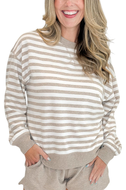 Front detail view of woman wearing Swagger Boutique’s Heather Ash The Everyday Striped Crew with Heather Ash The Everyday Short  against white studio background.