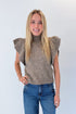 Front view of woman wearing Swagger Boutique’s Heathered Taupe Short Flutter Sleeve Sweater by Entro with jeans against white studio background.