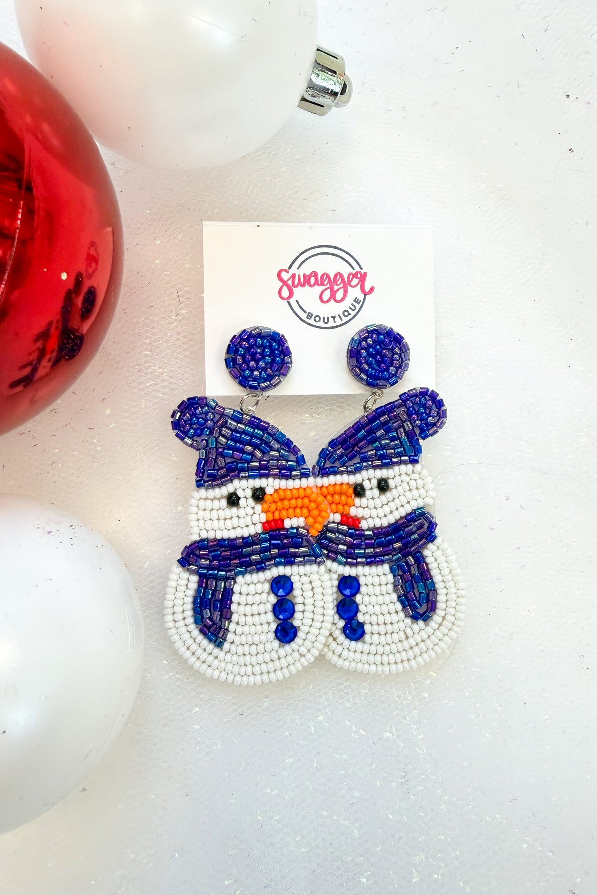 Holiday Spirit Earrings Snowman against holiday background.