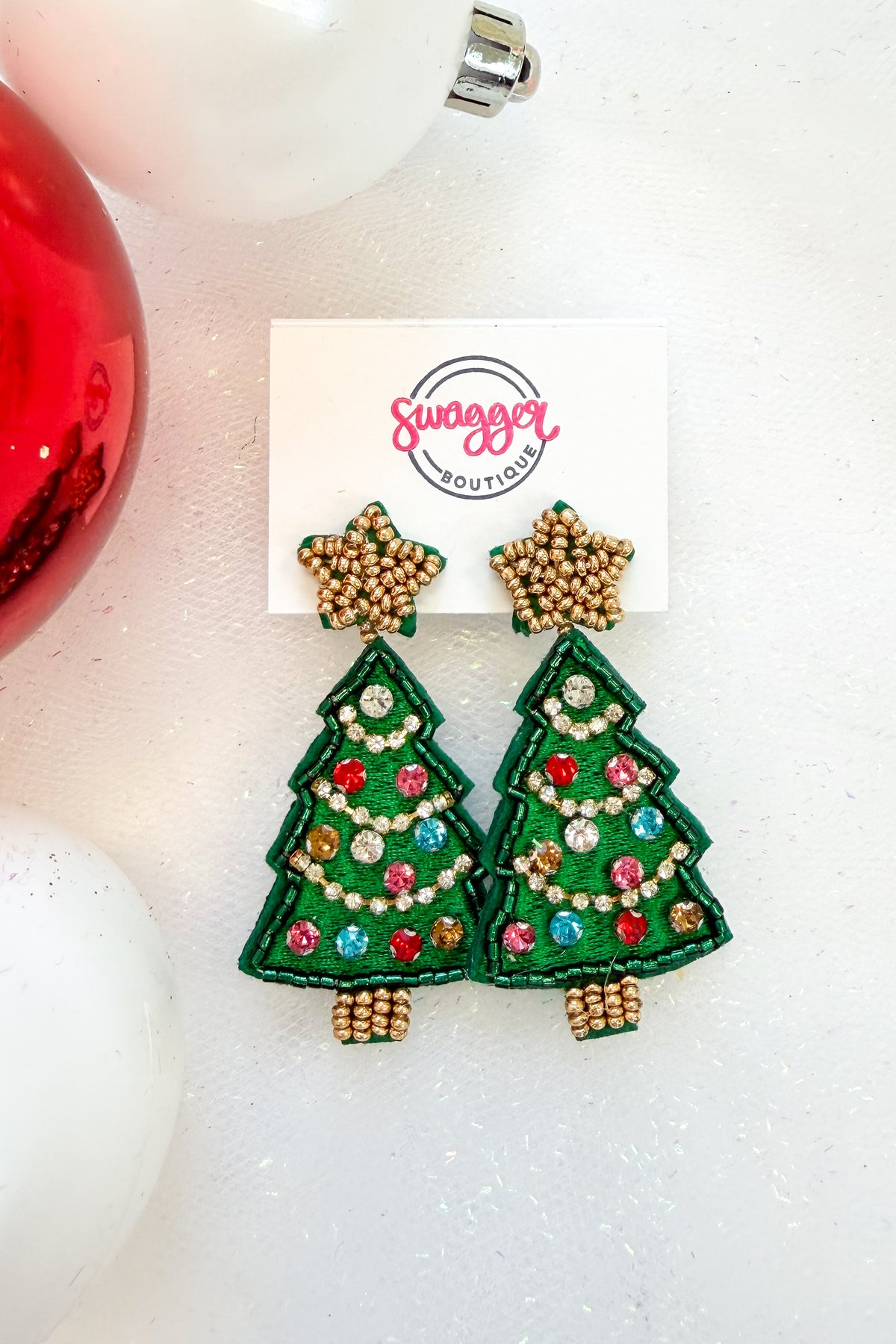 Holiday Spirit Earrings Christmas Tree against holiday background.