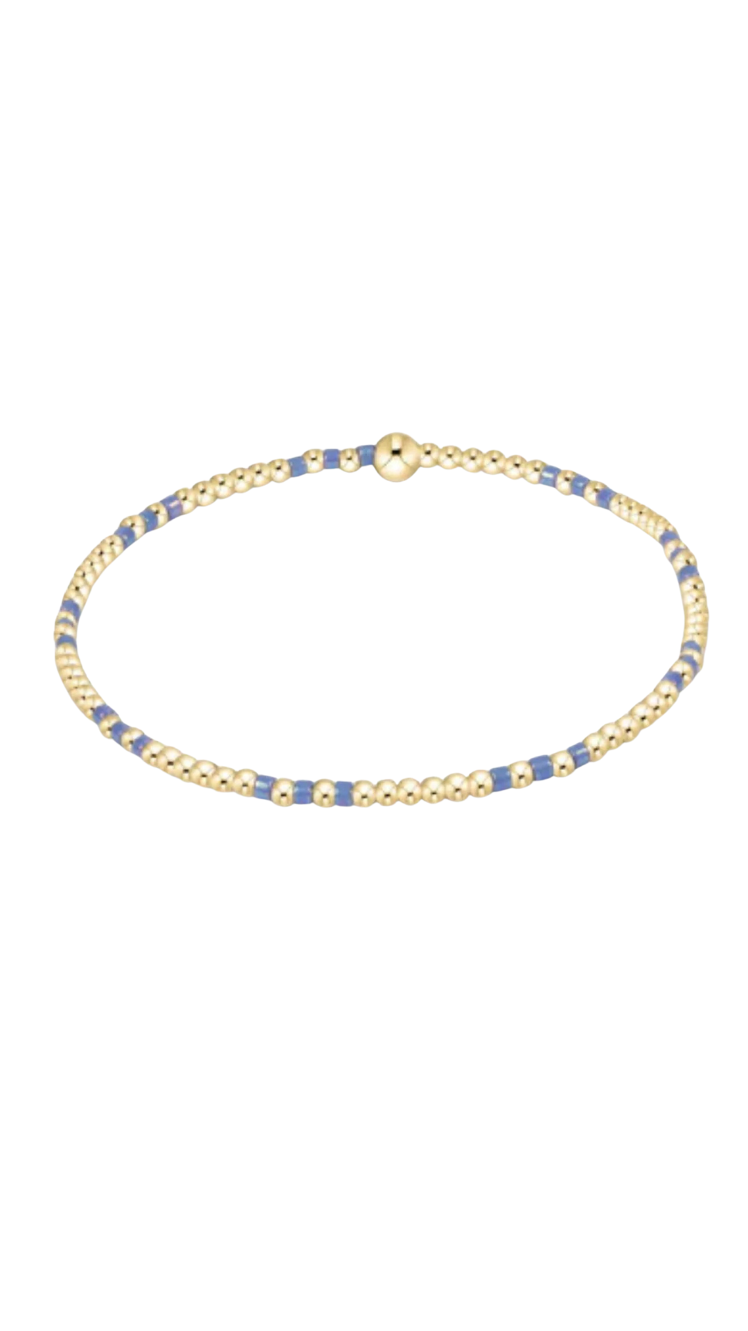 A delicate gold chain bracelet with alternating small blue and gold bead-like links, displayed on a clean white background.