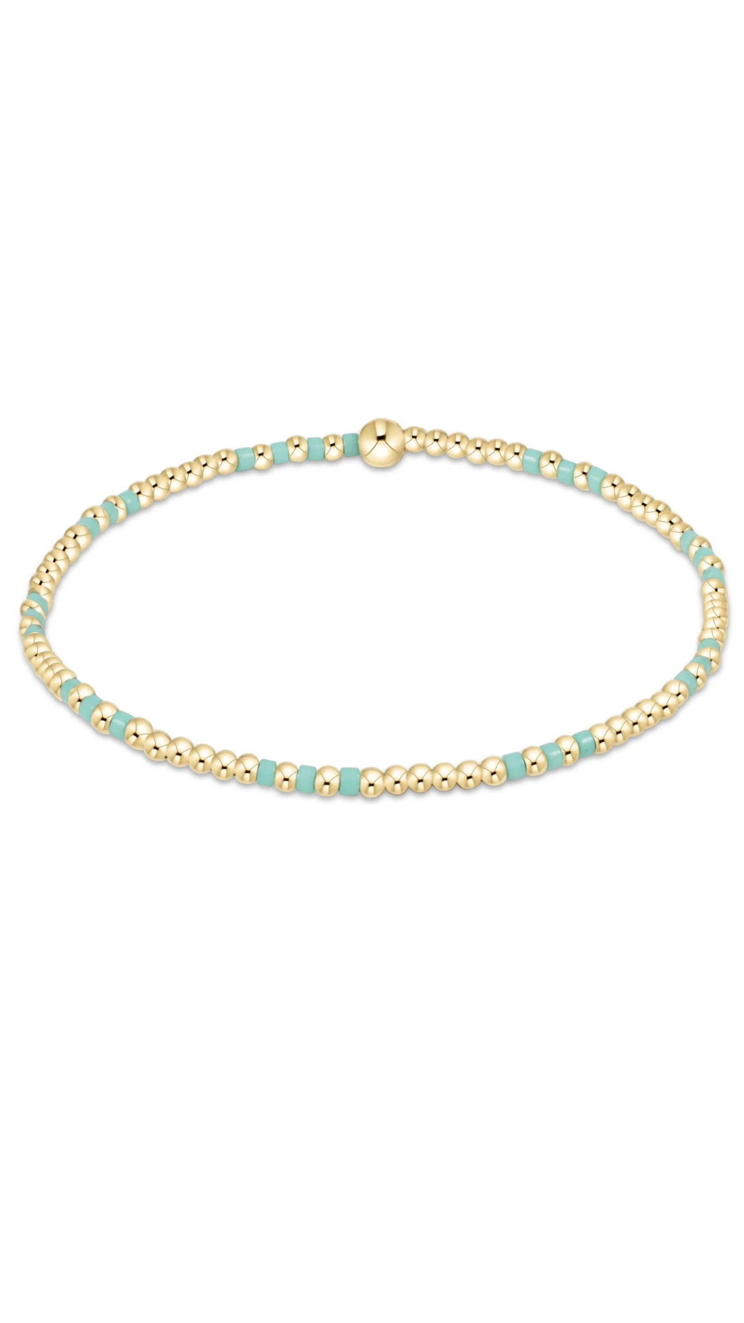 A delicate beaded bracelet featuring alternating strands of small gold-toned beads and mint beads, with a matching gold-toned bead clasp, shown on a plain white background.