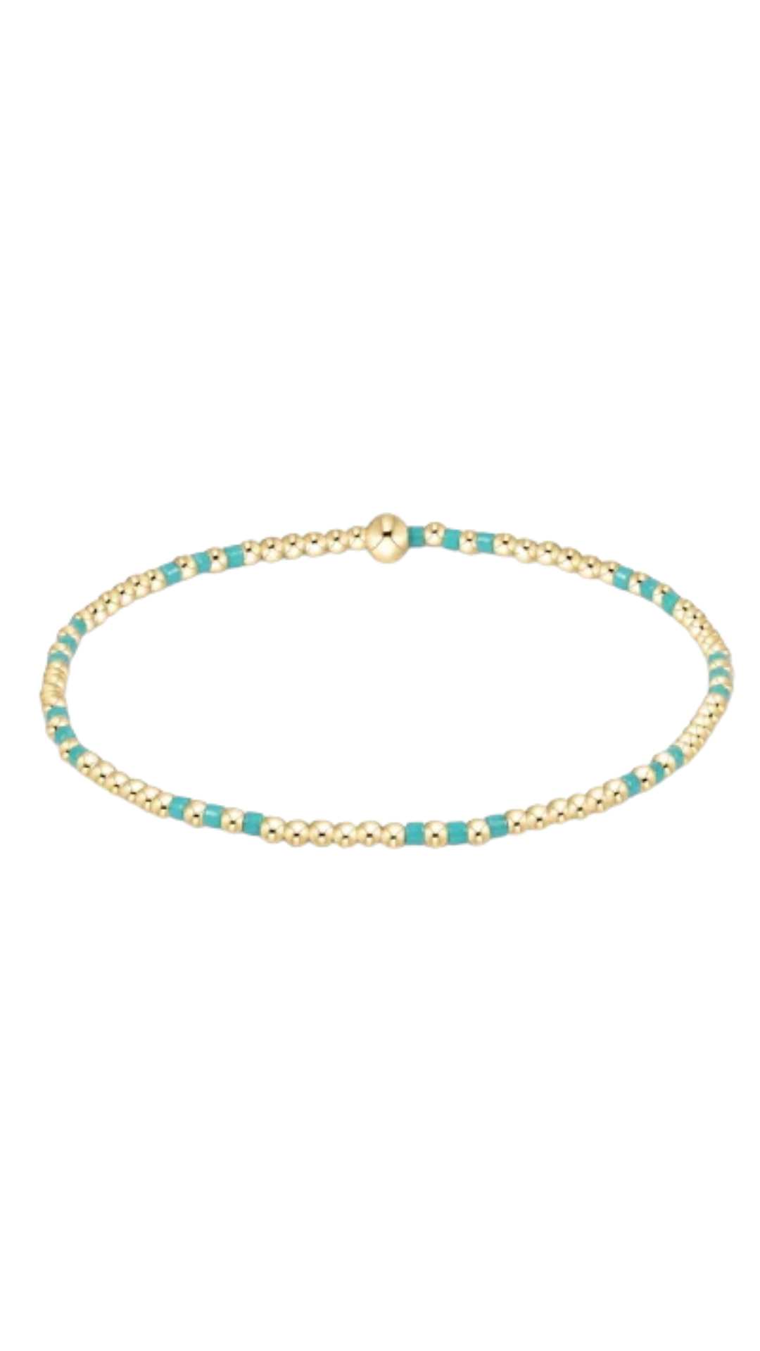 A delicate gold chain bracelet with small turquoise blue bead accents, displayed on a clean white background.