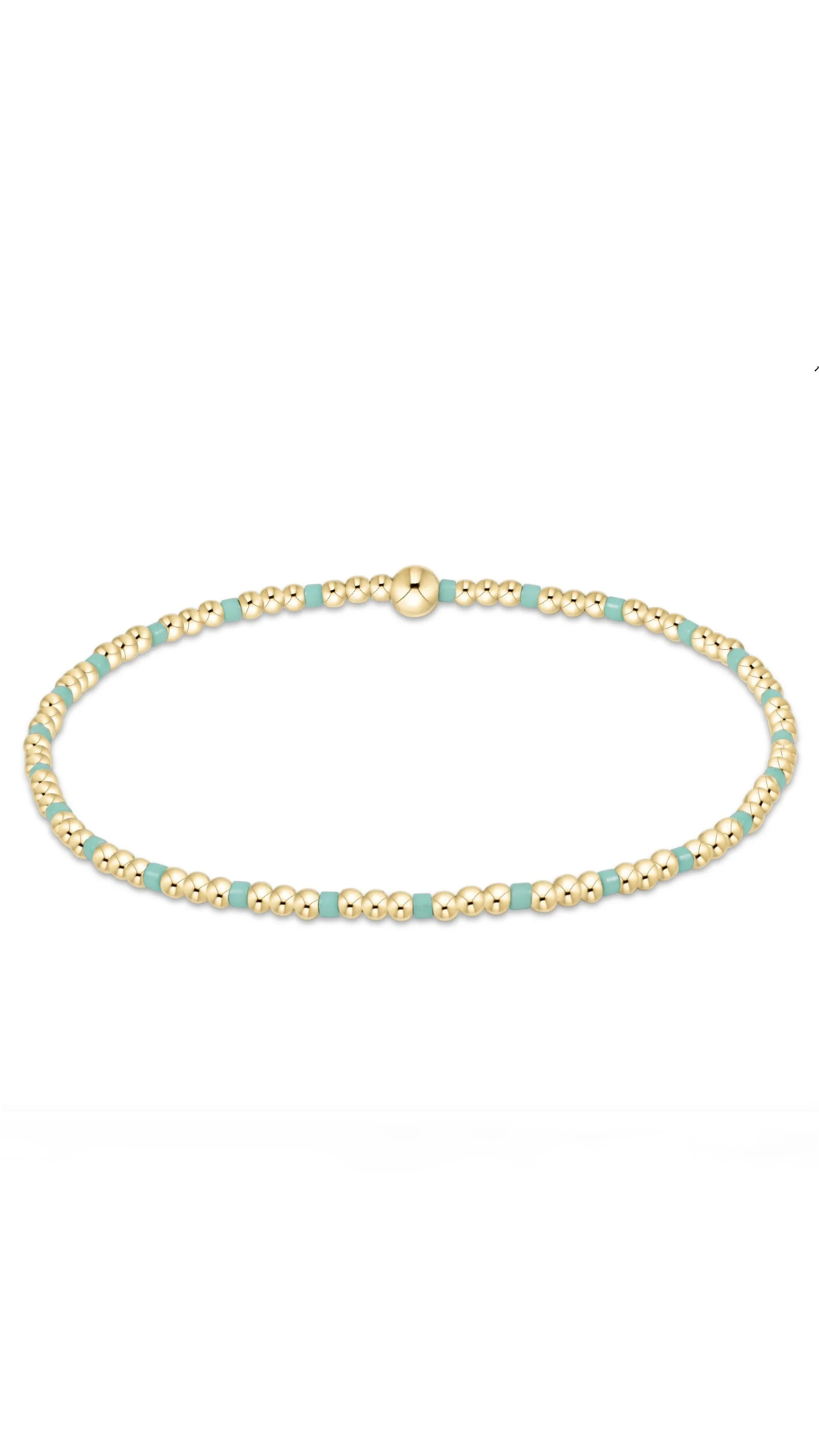 A delicate beaded bracelet featuring alternating light blue-green beads and textured gold beads, with a matching gold clasp, shown on a plain white background.