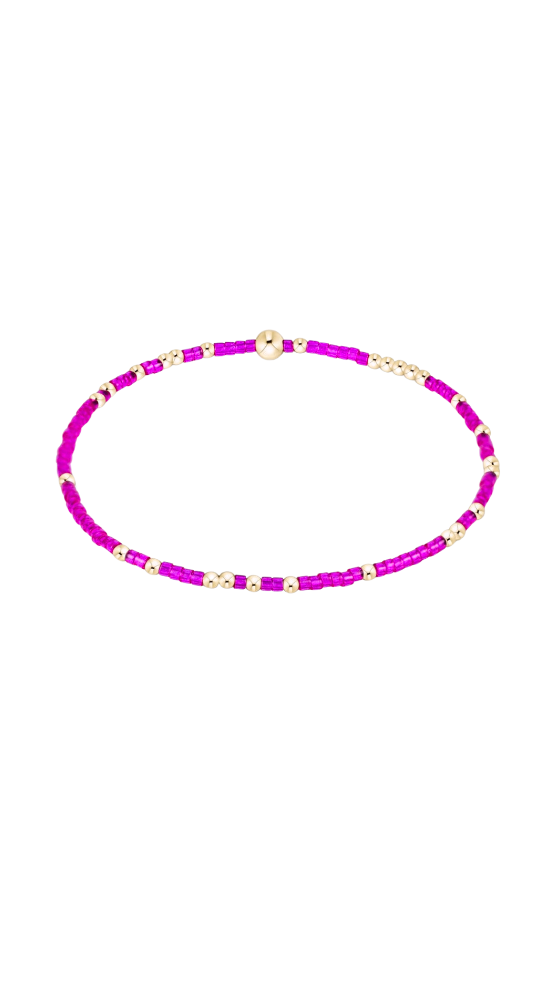 A delicate beaded bracelet featuring bright magenta pink beads separated by small gold spacer beads, with a polished gold clasp, shown on a plain white background.