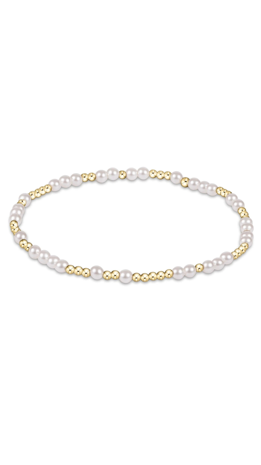 A delicate beaded stretch bracelet featuring white pearls and small gold metallic beads, displayed against a solid white background.
