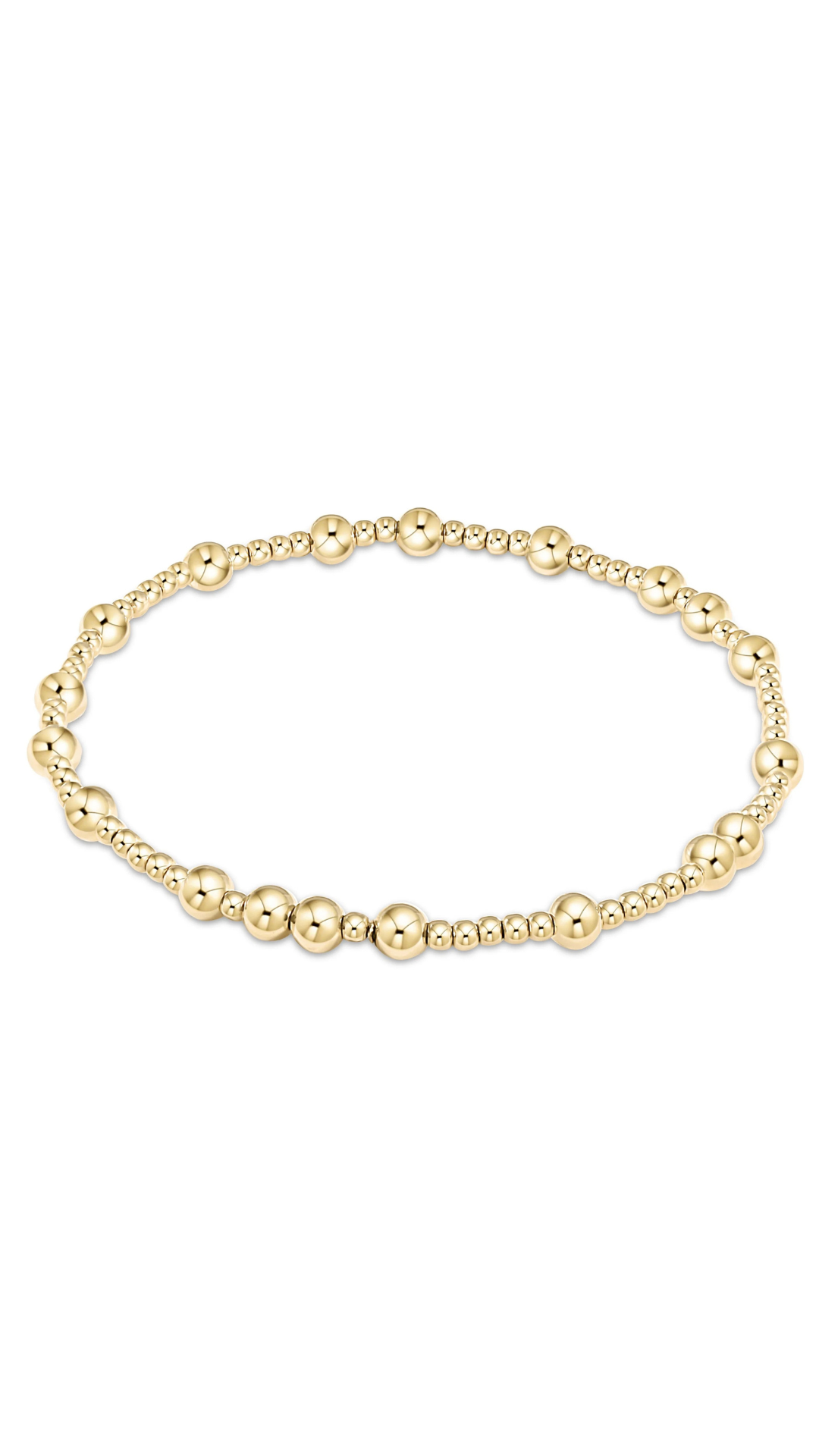 A delicate gold beaded bracelet with alternating large polished round beads and smaller textured beads, displayed on a clean white background.