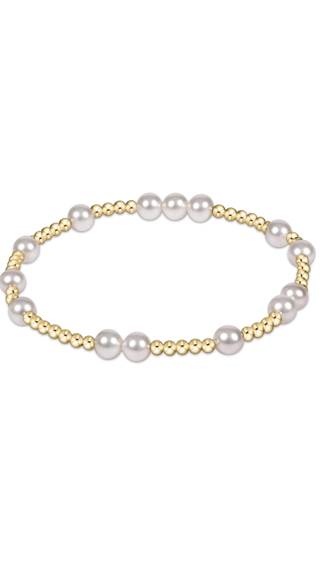 A delicate beaded stretch bracelet featuring alternating white pearls and small gold beads, displayed on a clean white background.